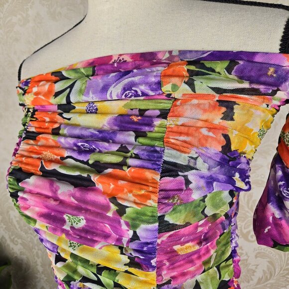 Endless Blu Luxe Size Small Ruched Floral Midi Dress Off the Shoulder Sleeve NWT - Picture 6 of 16